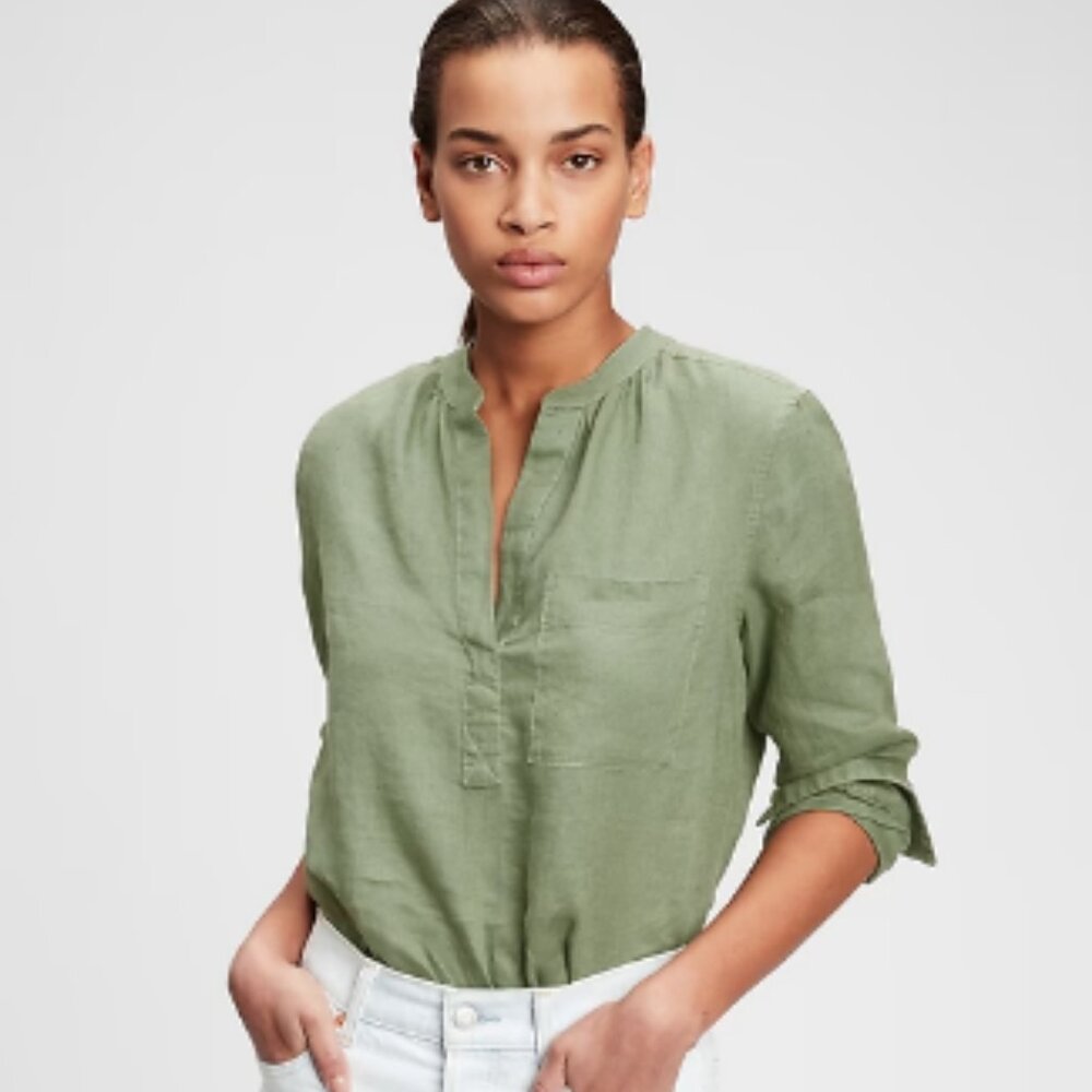 GAP Linen Popover Shirt Long Sleeve Blouse Medium‎ Color Twig / Green